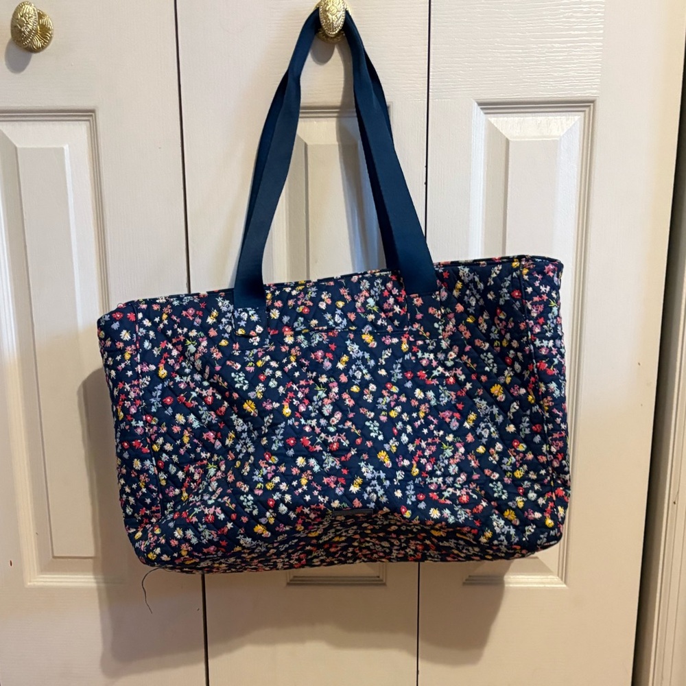 Vera Bradley Navy Floral Tote with Blue Handles